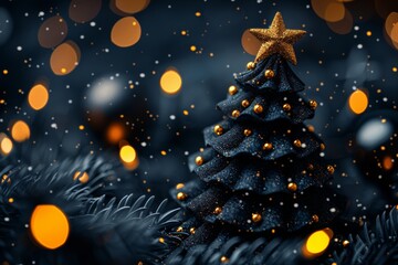 Obraz premium Decorative Christmas tree with golden ornaments and warm lights on a snowy evening