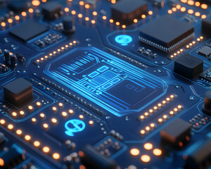 Fototapeta premium Close-up of a circuit board with glowing blue lines, showcasing intricate technological detail and highlighting innovation in electronics.