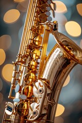 Obraz premium Close-up of a gold saxophone. Background filled with bokeh from stage lights.