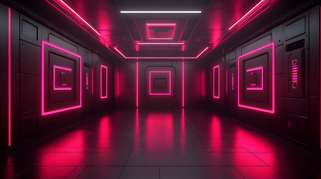 Futuristic pink neon hallway, sci-fi corridor, modern architecture, glowing lines, digital art, abstract background, dark interior, empty space, reflective floor.