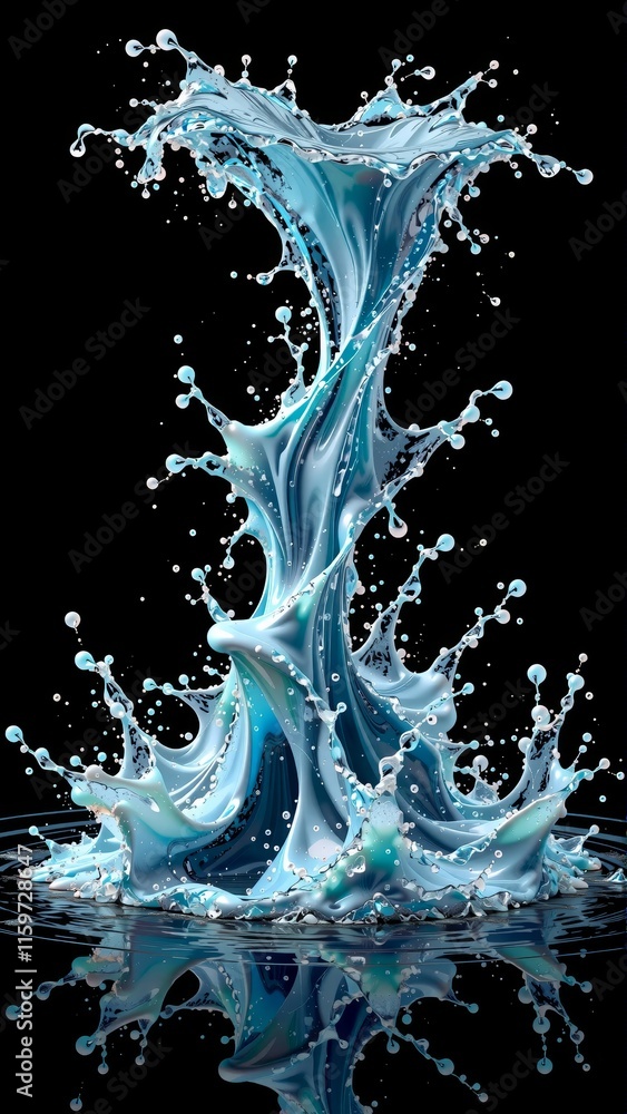 Poster Dynamic splash of water in abstract art form with vibrant colors on black background