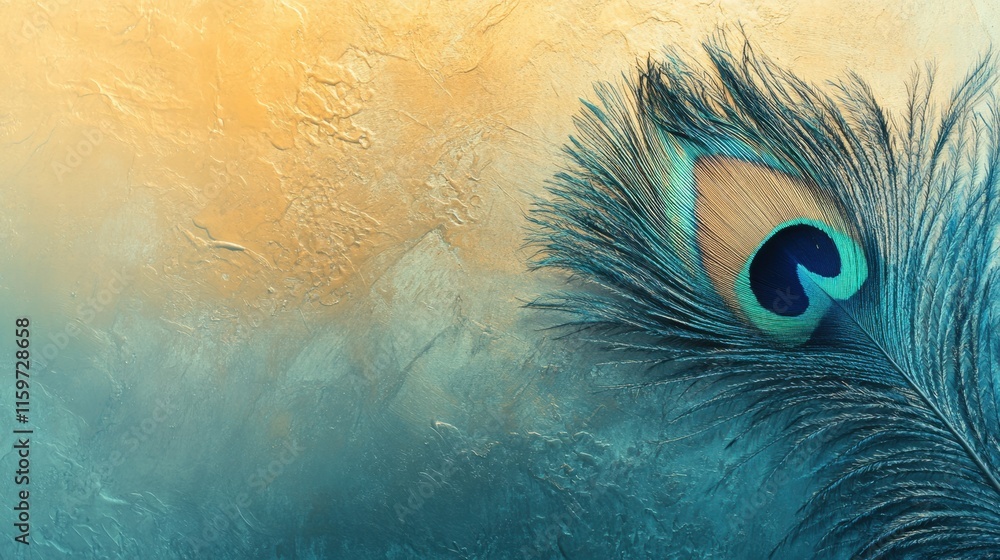 Poster Close up of a vibrant peacock feather showcasing intricate textures and colors with ample copy space for creative uses. Generative AI