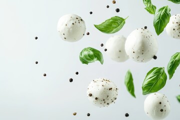 Caprese salad ingredients mozzarella tomatoes basil and peppercorns soaring against a white backdrop Banner design