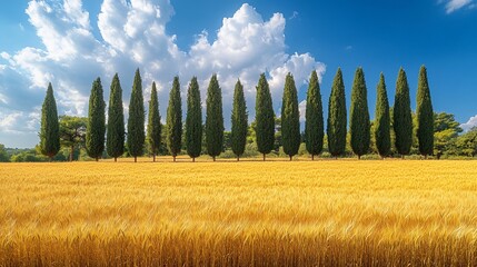 Italian Cypress Trees Line Golden Wheat Field