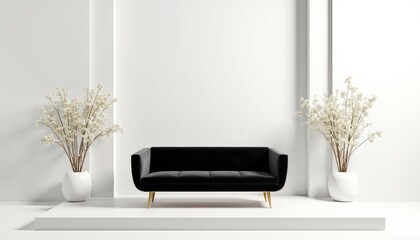  A black sofa with gold legs sits on a white platform, flanked by two white vases with white flowers, against a white wall with a vertical line.