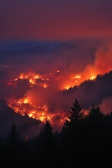 Blazing flames engulf wilderness at dusk highlighting the devastation of wildfires in a dry forest landscape
