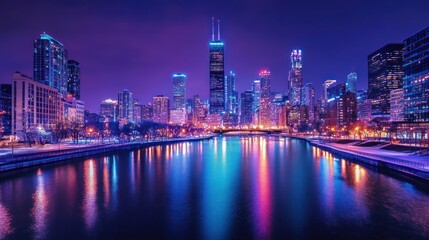 Fototapeta premium A panoramic view of a modern city skyline at night, with tall buildings illuminated by colorful lights and reflected in the water.