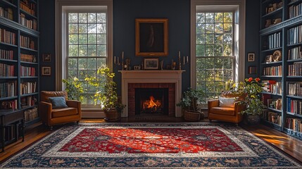 Sunlit Library Room With Fireplace And Bookshelves