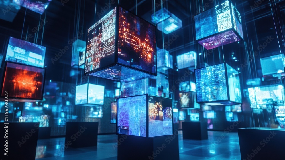 Aufkleber Floating cubes filled with abstract text and symbols create a vibrant digital art installation in a contemporary space. Generative AI