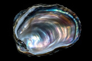 Close up of a natural pearl in an oyster shell necklace against a black background Nacre Mother of pearl Jewelry