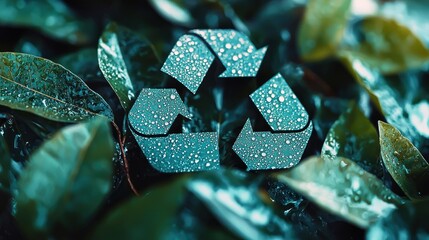 Dewy recycle symbol on lush green leaves. (3)