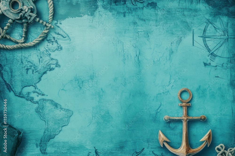 Fototapete nautical map with anchor and historical maritime elements in a serene blue background with ample spa