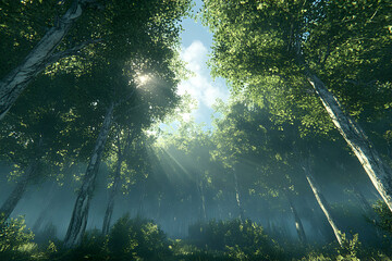 Sunbeams filtering through lush green canopy of a dense forest, creating a magical, serene atmosphere. Perfect for nature, tranquility, and environmental themes.