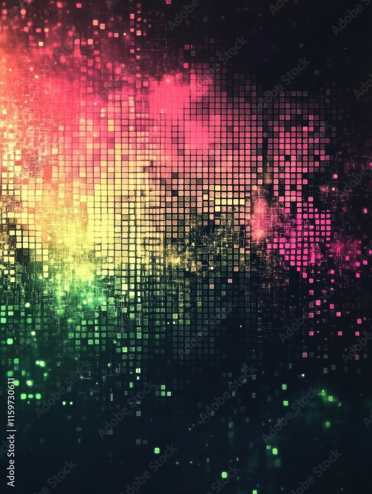 Leinwandbilder Glowing abstract mosaic with pixelated elements creating a vibrant digital atmosphere in multicolored hues. Generative AI