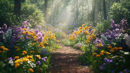 Fototapeta premium Sunlit path through a vibrant, flower-filled forest. (2)