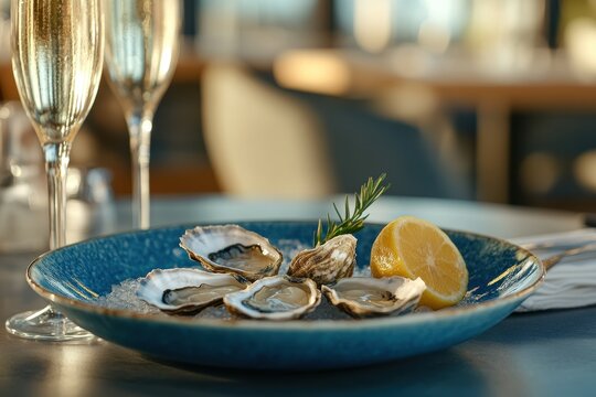 Close up of fresh oysters on a blue plate accompanied by lemon and ice Healthy seafood meal with champagne at a restaurant Gourmet dining experience