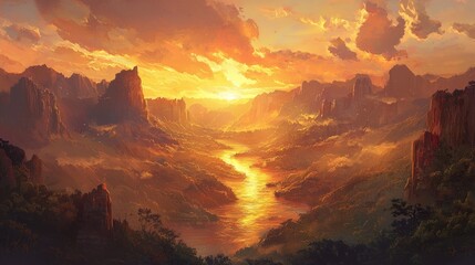 Golden sunset over a majestic river valley.
