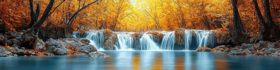 Obraz premium A serene waterfall surrounded by vibrant autumn foliage and calm waters.
