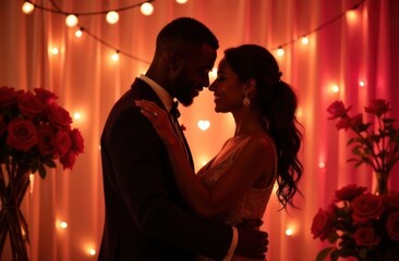 african american couple dancing with soft fairy lights on St. Valentine's day. holiday greeting card with romantic design. love, relationship, dating, tenderness and affection