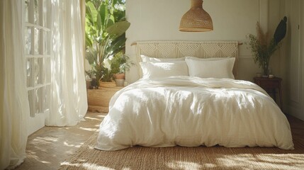 A serene bedroom featuring a cozy bed with white linens and natural light filtering through sheer curtains, complemented by indoor plants.
