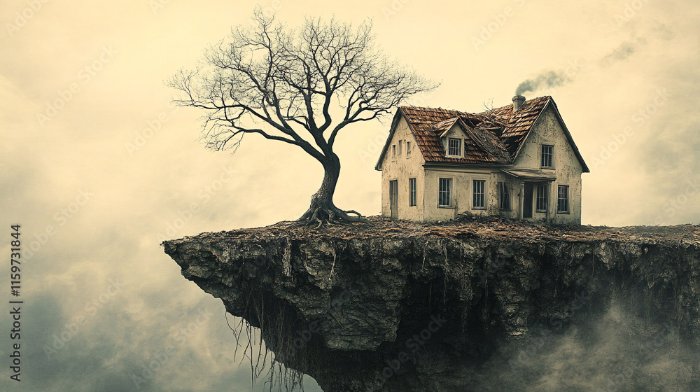 Poster a house on the edge of a cliff, with a tree that has fallen through its roof, the branches extending