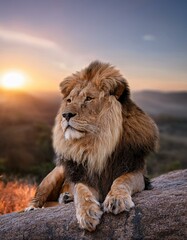 Löwe in der Savanne bei Abendrot