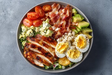 Cobb salad Traditional American dish featuring tomato bacon chicken eggs avocado and Roquefort cheese on a gray backdrop Aerial perspective