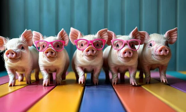 A group of playful pig's wear yellow, pink sunglasses walking on a colorful gravel