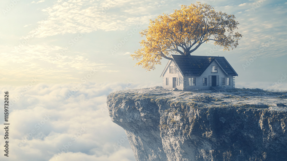 Poster a house on the edge of a cliff, with a tree that has fallen through its roof, the branches extending