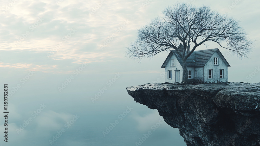 Poster a house on the edge of a cliff, with a tree that has fallen through its roof, the branches extending