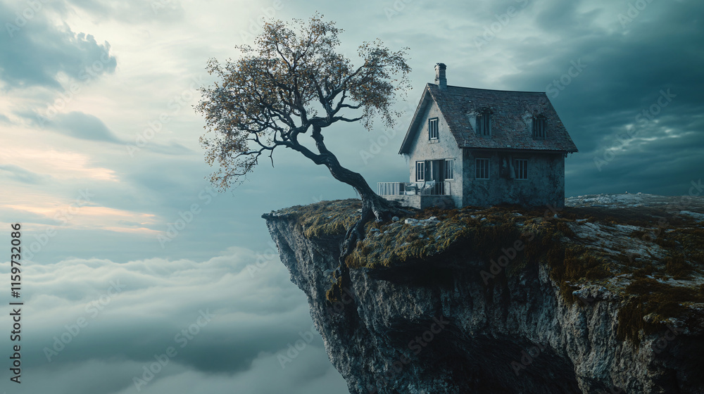 Poster a house on the edge of a cliff, with a tree that has fallen through its roof, the branches extending