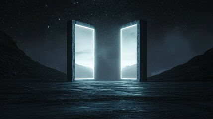 Glowing portal in a desolate landscape at night.