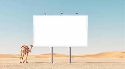 Desert billboard with camel against blue sky and sand dunes