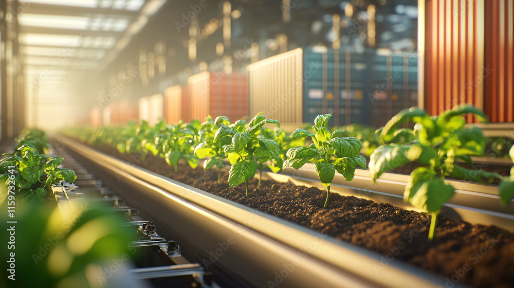 Poster a hybrid image of fresh produce growing in soil that transitions into shipping containers on conveyo