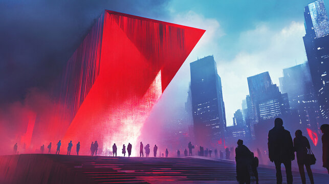 A large red arrow colliding with a futuristic monument, symbolizing the drastic effects of economic downturns, as people watch in awe from below. 