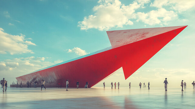 A large red arrow colliding with a futuristic monument, symbolizing the drastic effects of economic downturns, as people watch in awe from below.  