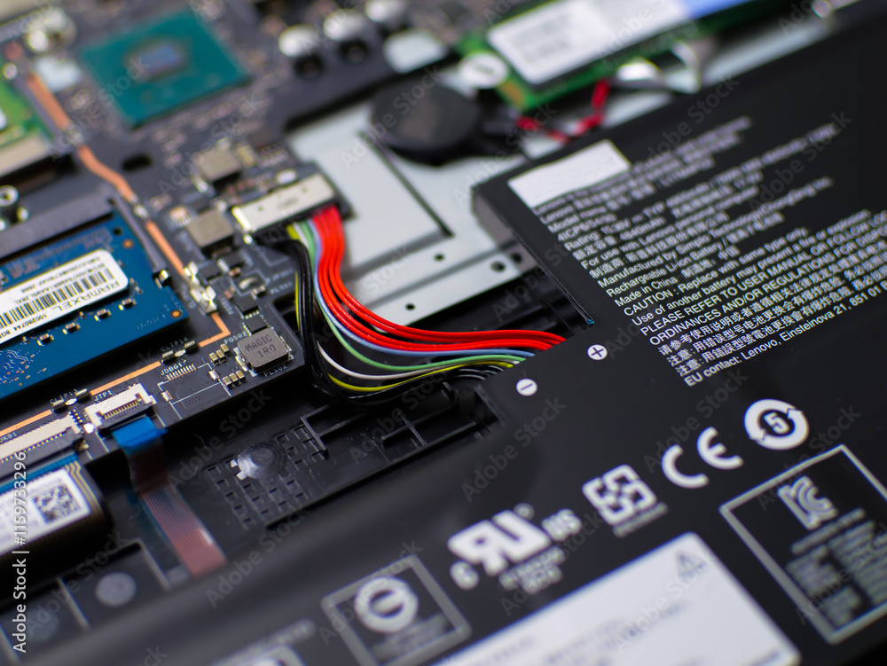 Poster inside of gaming laptop or portable computer close up. danger of explosion. defective notebook batte