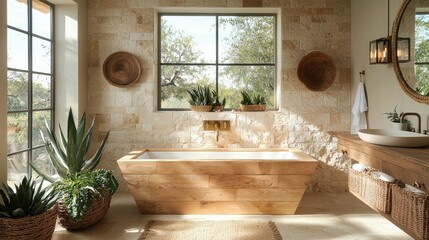 A stylish bathroom showcasing a wooden freestanding tub, natural stone walls, and green plants for a serene ambiance. Emphasis on sustainable materials and design.