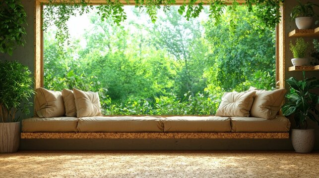 A bright and inviting nature-inspired seating area featuring plush cushions and lush greenery, creating an indoor-outdoor atmosphere.