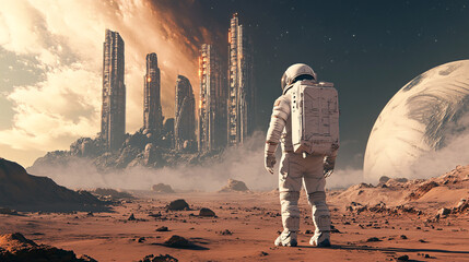 Obraz premium A lone astronaut standing on a desolate planet with towering alien ruins in the background, symbolizing the search for lost civilizations. 