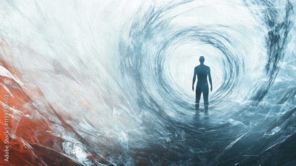 Aufkleber silhouette in an abstract whirlwind representing loneliness and isolation in a vast emotional landsc