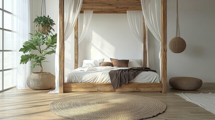 This image showcases a serene bedroom with natural wooden elements, large windows, and plants, promoting a sustainable lifestyle.