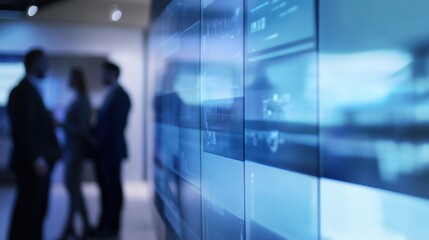 Corporate team in an advanced tech conference room. Featuring high-tech interfaces and interactive screens