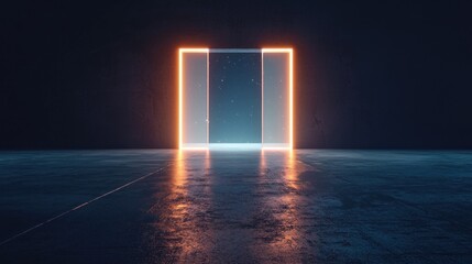Glowing neon rectangular portal in dark room.