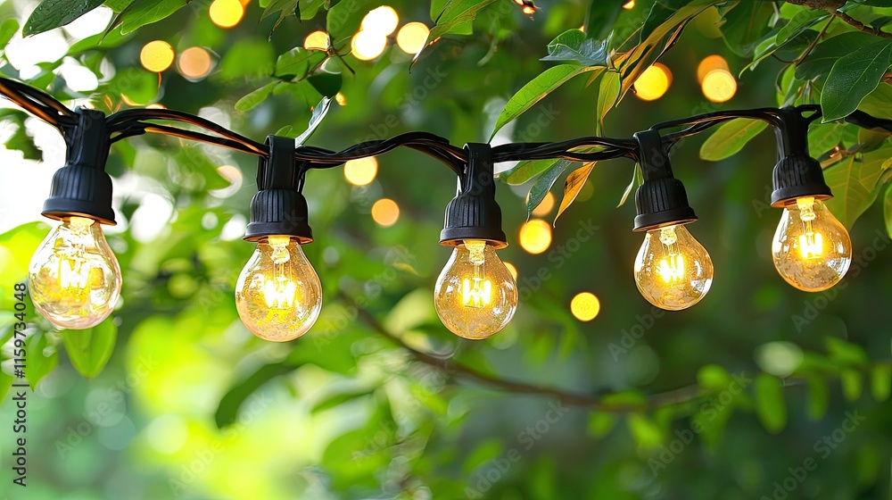 Poster glowing string lights hanging from tree branches, illuminated at night.