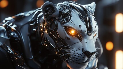 Robotic panther head, close-up, futuristic design.