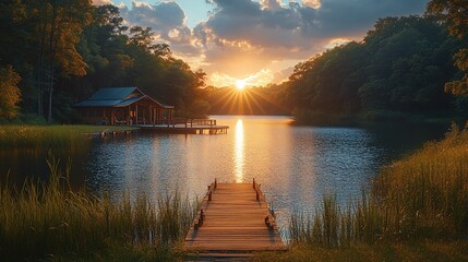 Fototapeta premium Lakeside Cabin Sunset Peaceful Tranquil Scene