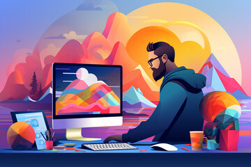 Designer working at computer with vibrant mountain artwork