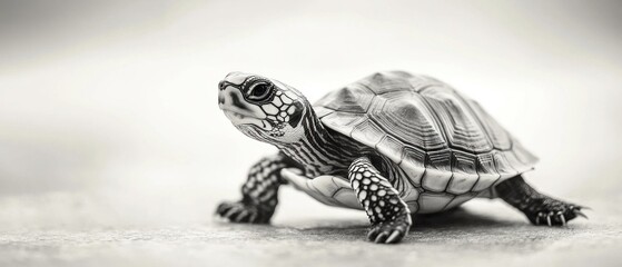 Fototapeta premium Black and white photo of a small turtle walking.