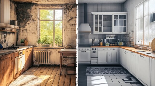 Before and after renovation of a kitchen, with the left side showing a dirty, neglected space and the right side showing a clean, modern kitchen.